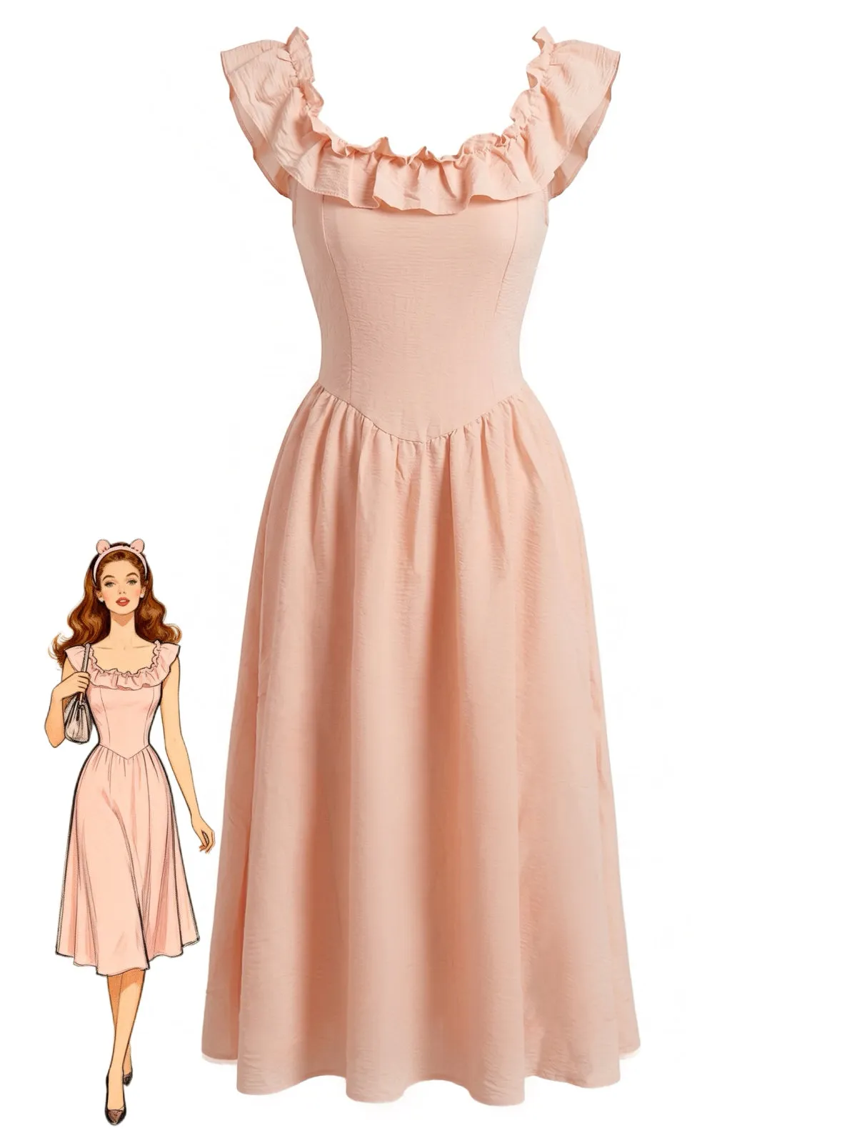 Pink 1940s Square Neck Ruffle Smocked Dress sold by Retro Stage