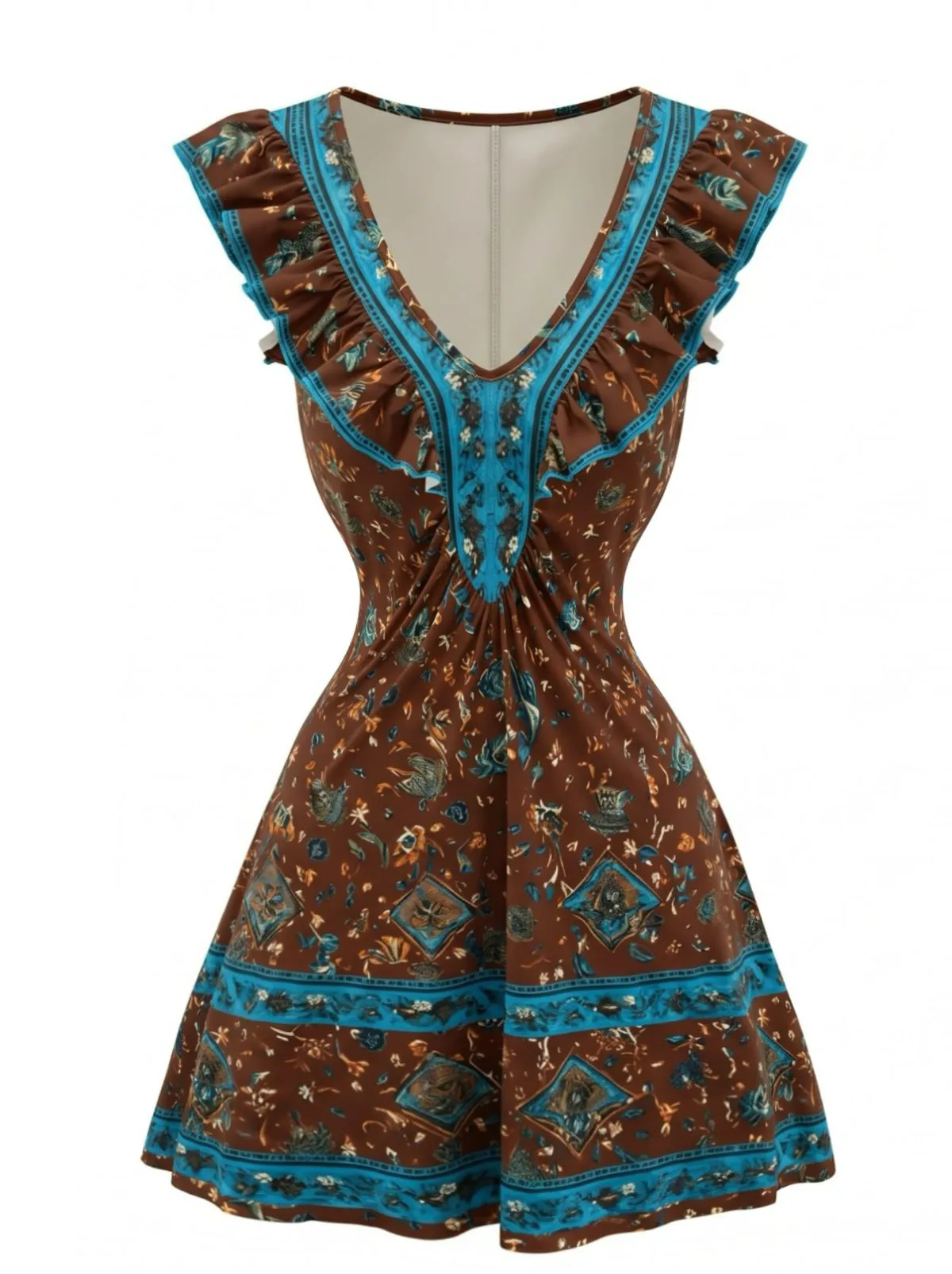 Dark Brown 1970s Paisley Ruffle Sleeve V Neck Mini Dress sold by Retro Stage