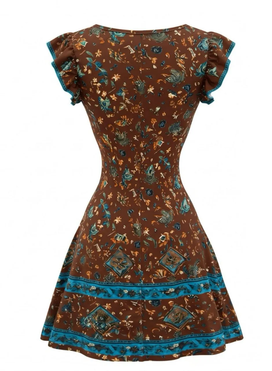 Dark Brown 1970s Paisley Ruffle Sleeve V Neck Mini Dress sold by Retro Stage product image thumbnail 2