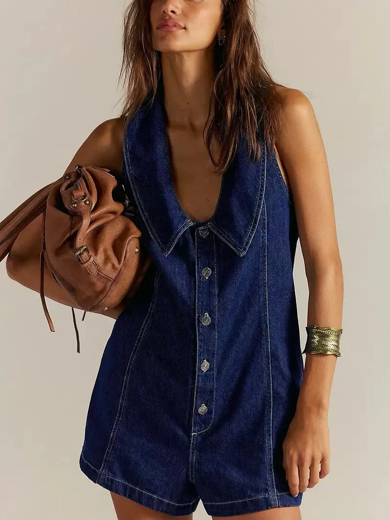 Navy Blue 1970s Button Denim Romper sold by Retro Stage product image thumbnail 3