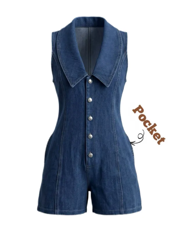 Navy Blue 1970s Button Denim Romper made by Retro Stage