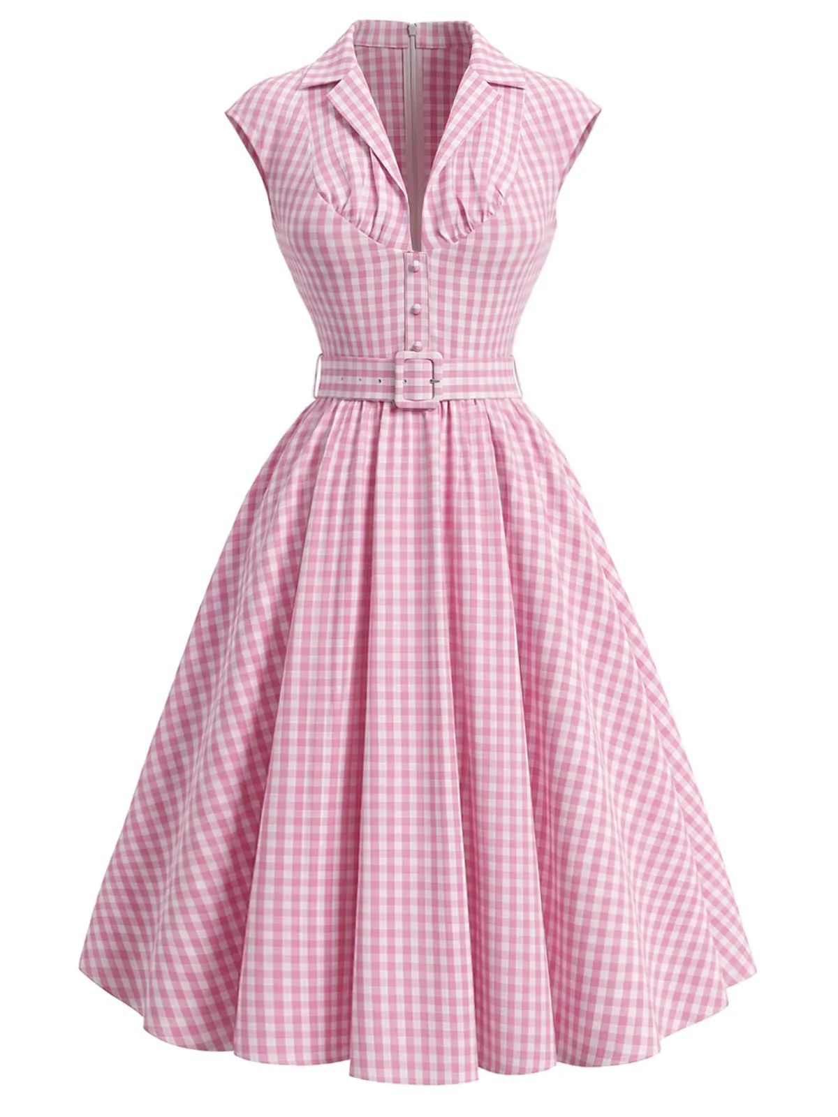 Pink 1940s Gingham Lapel V-Neck Belted Swing Dress sold by Retro Stage product image thumbnail 2