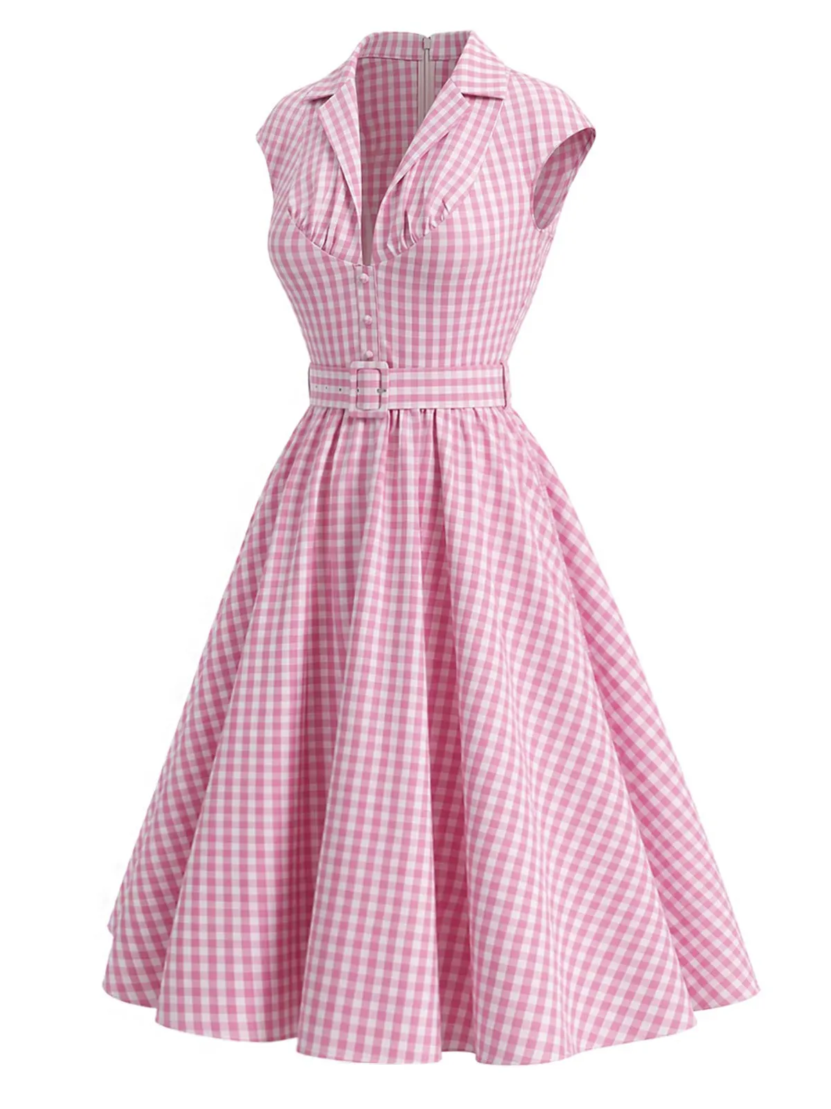 Pink 1940s Gingham Lapel V-Neck Belted Swing Dress sold by Retro Stage product image thumbnail 3