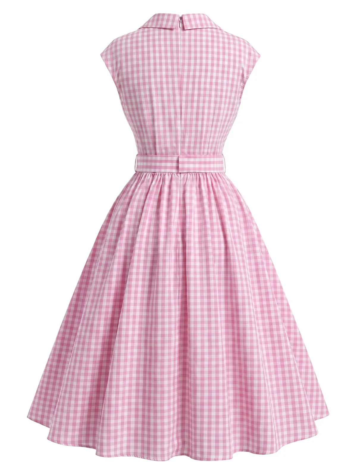 Pink 1940s Gingham Lapel V-Neck Belted Swing Dress sold by Retro Stage product image thumbnail 4
