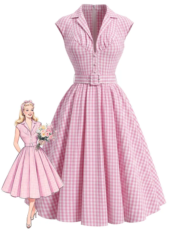 Pink 1940s Gingham Lapel V-Neck Belted Swing Dress made by Retro Stage