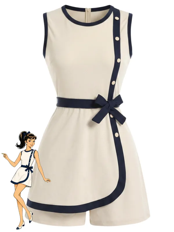 [Pre-Sale] Beige 1970s Contrast Trim Bow Belt Romper made by Retro Stage