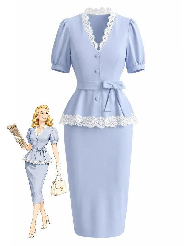[Pre-Sale] 2PCS Light Blue 1940s Lace V-Neck Top & Bodycon Skirt made by Retro Stage