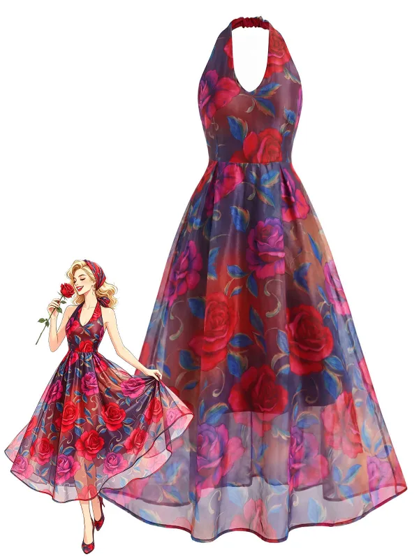 [Pre-Sale] Multicolor 1930s Floral Halter V-Neck Mesh Dress made by Retro Stage