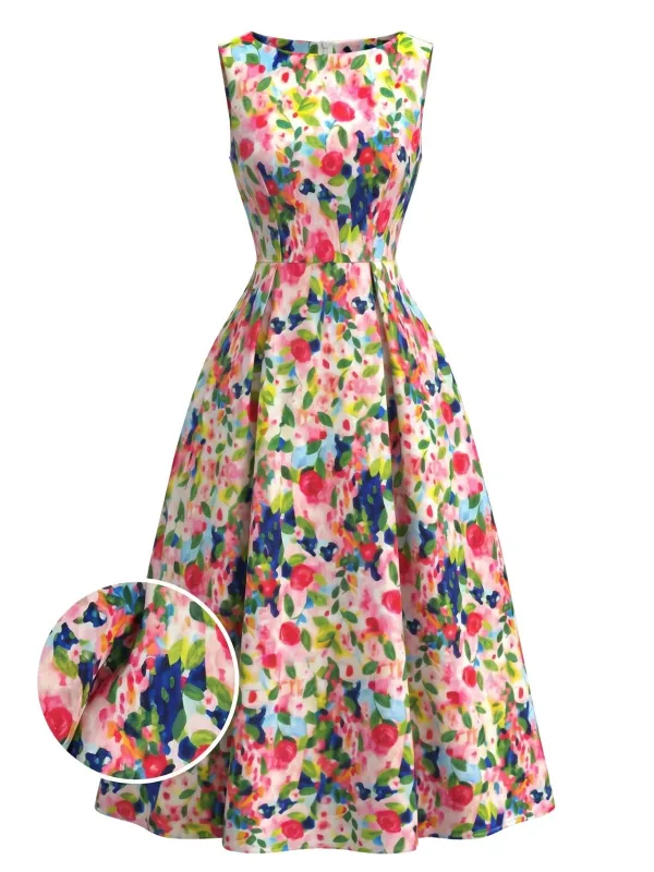 1940s Watercolor Floral Sleeveless Midi Dress made by Retro Stage