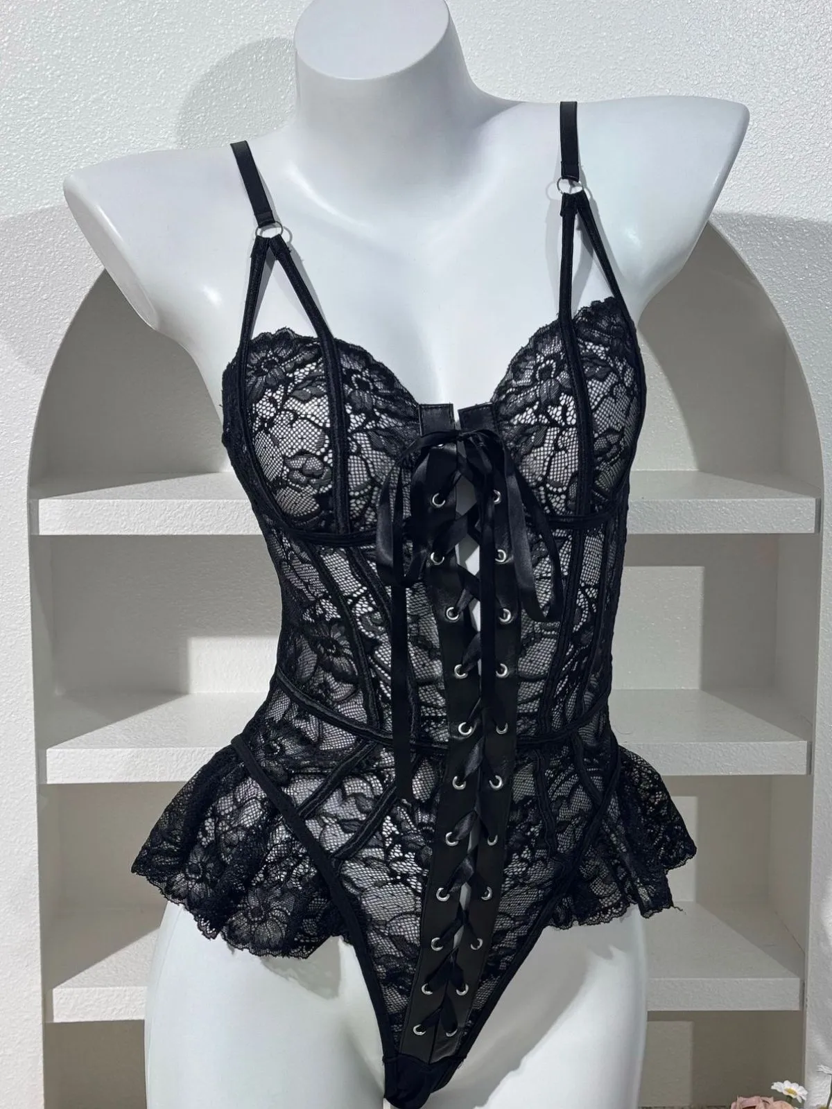 Black 1980s Lace-Up Sheer Lace Corset Lingerie sold by Retro Stage product image thumbnail 5