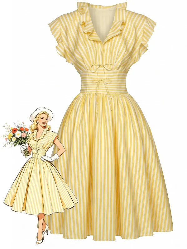 [Pre-Sale] Light Yellow 1950s Stripe Ruffle Collar Tie Waist Dress made by Retro Stage