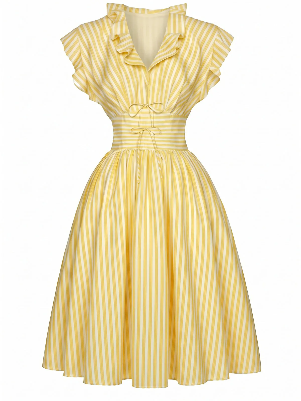Light Yellow 1950s Stripe Ruffle Collar Tie Waist Dress sold by Retro Stage product image thumbnail 2