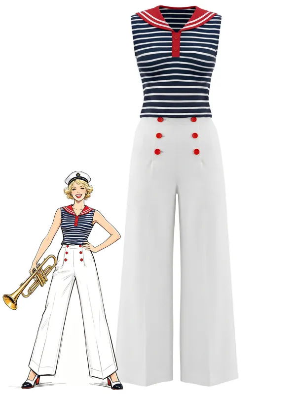 [Pre-Sale] 2PCS 1950s Stripe Sailor Collar Sleeveless Top & Button Pants made by Retro Stage