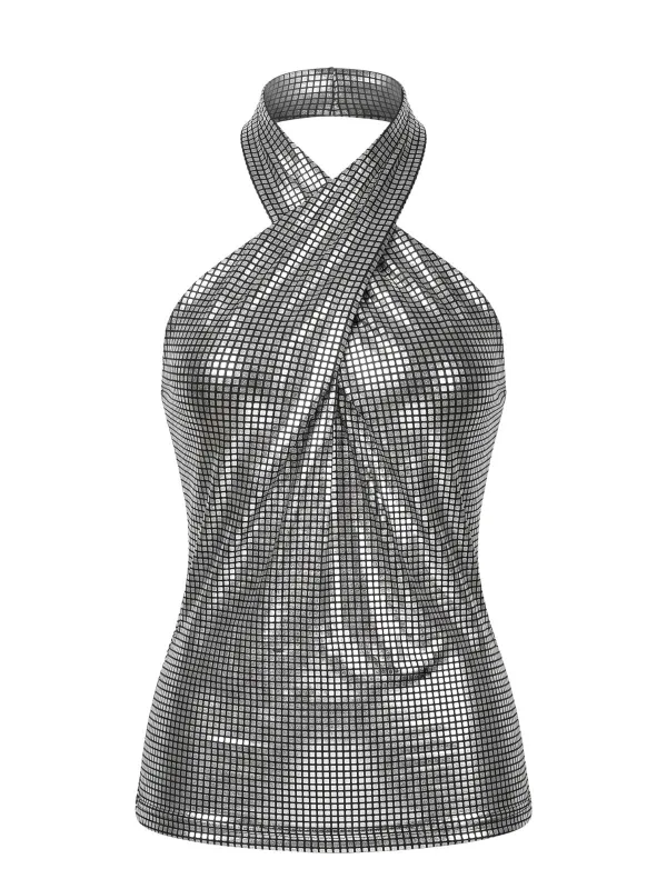 Silver 1960s Crisscross Halter Metallic Sequined Top made by Retro Stage