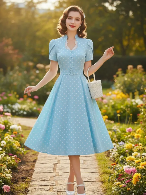 Blue 1950s Polka Dot Keyhole Tulip Sleeve Belted Dress made by Retro Stage