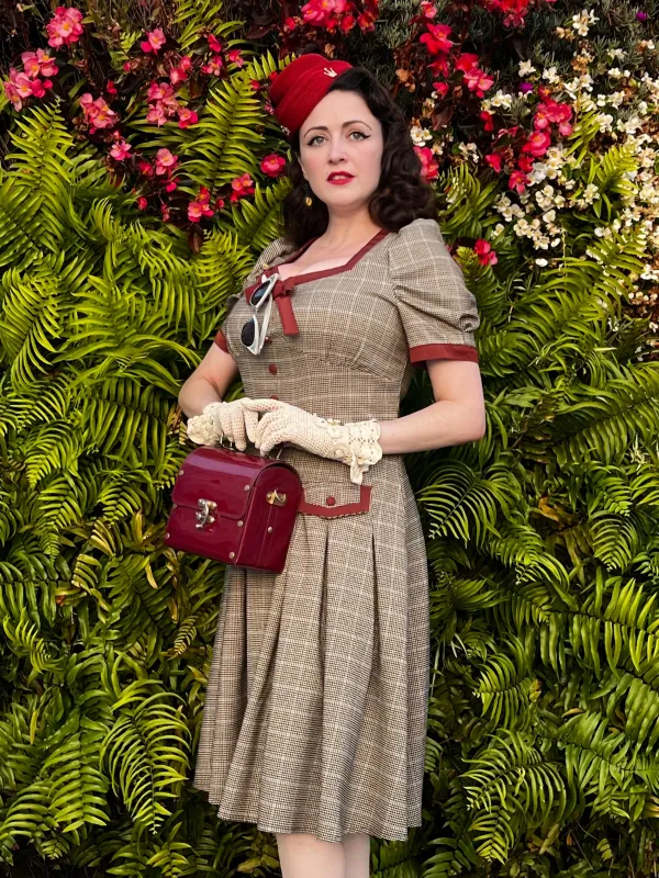 Brown 1950s Bow Houndstooth Pleated Dress made by Retro Stage