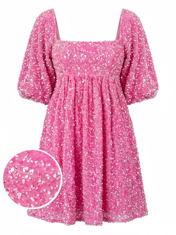 1960s Sequin Square Neck Puff Sleeve Tie Backless Dress made by Retro Stage