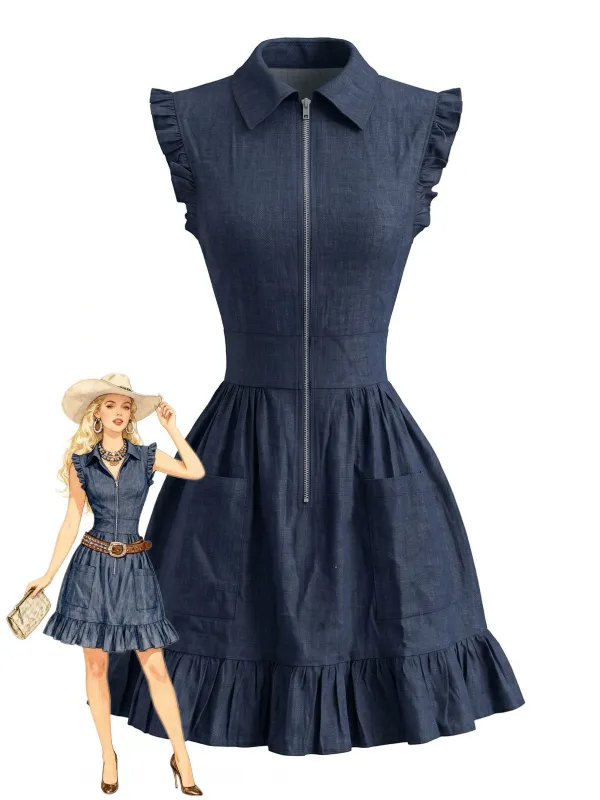 Navy Blue 1980s Denim Ruffle Sleeve Zip Front A-Line Dress made by Retro Stage