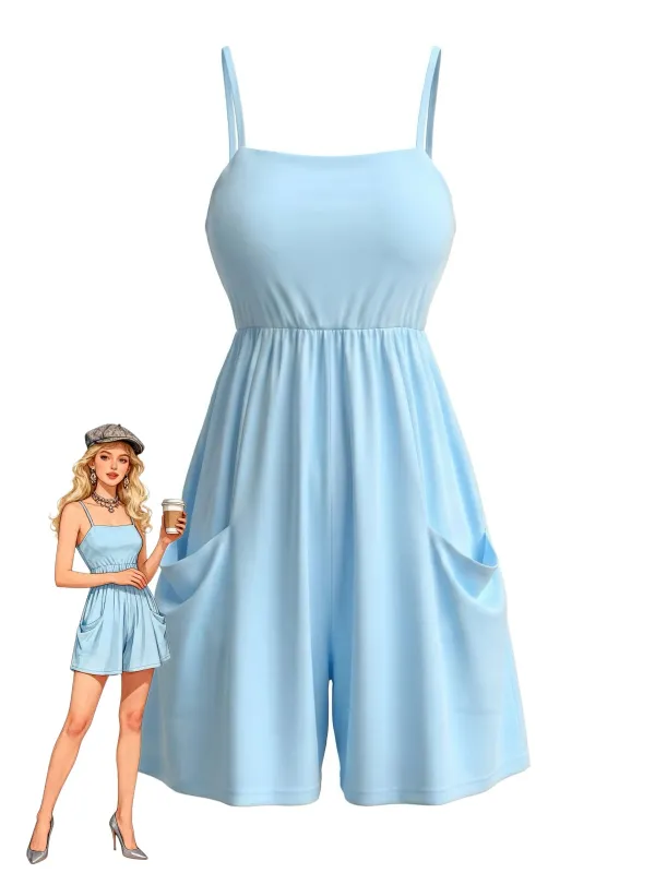 1970s Solid Square Neck Spaghetti Strap Pocket Romper made by Retro Stage