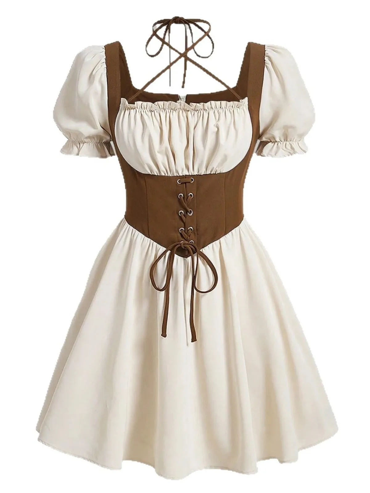Brown 1940s Cottagecore Puff Sleeve Lace-Up A-Line Dress sold by Retro Stage product image thumbnail 2