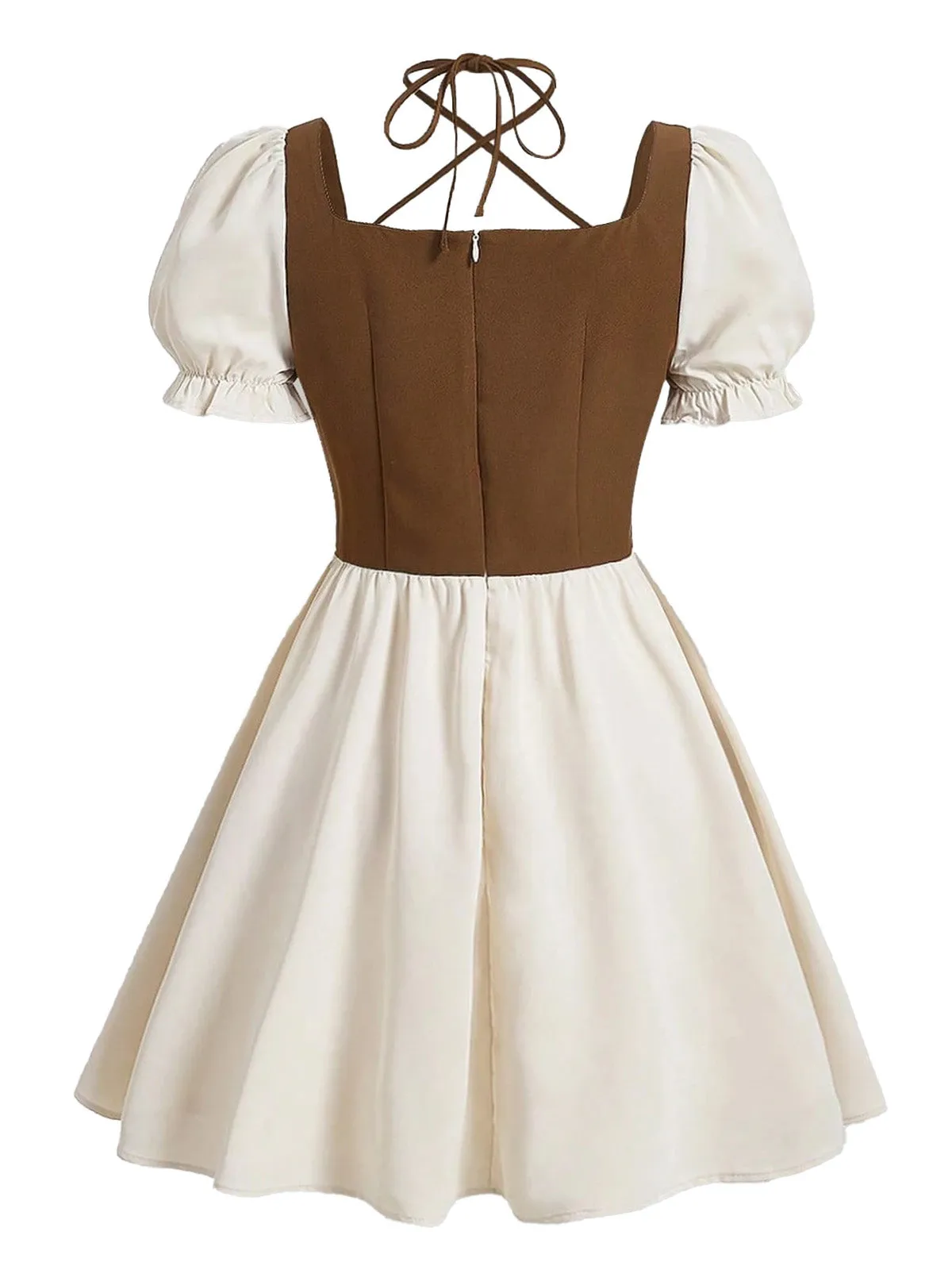 Brown 1940s Cottagecore Puff Sleeve Lace-Up A-Line Dress sold by Retro Stage product image thumbnail 3