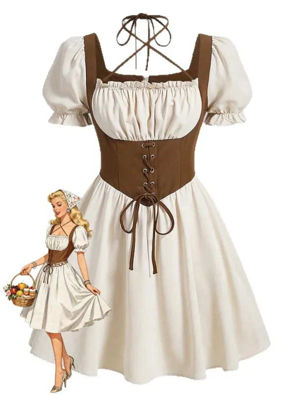 Brown 1940s Cottagecore Puff Sleeve Lace-Up A-Line Dress made by Retro Stage