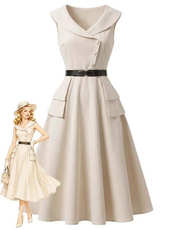 [Pre-Sale] Beige 1950s Lapel Belted Swing Dress made by Retro Stage