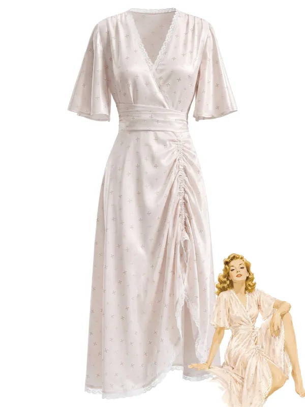 [Pre-Sale] 1950s Satin Ditsy Floral Convertible Ruched Hem Nightgown made by Retro Stage