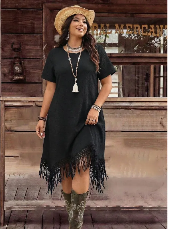 [Plus Size] 1970s Boho Crewneck Fringe Hem Solid Dress made by Retro Stage
