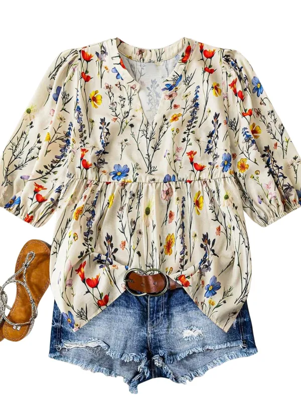 [Plus Size] 1940s Wildflower V-Neck Puff Sleeve Top made by Retro Stage