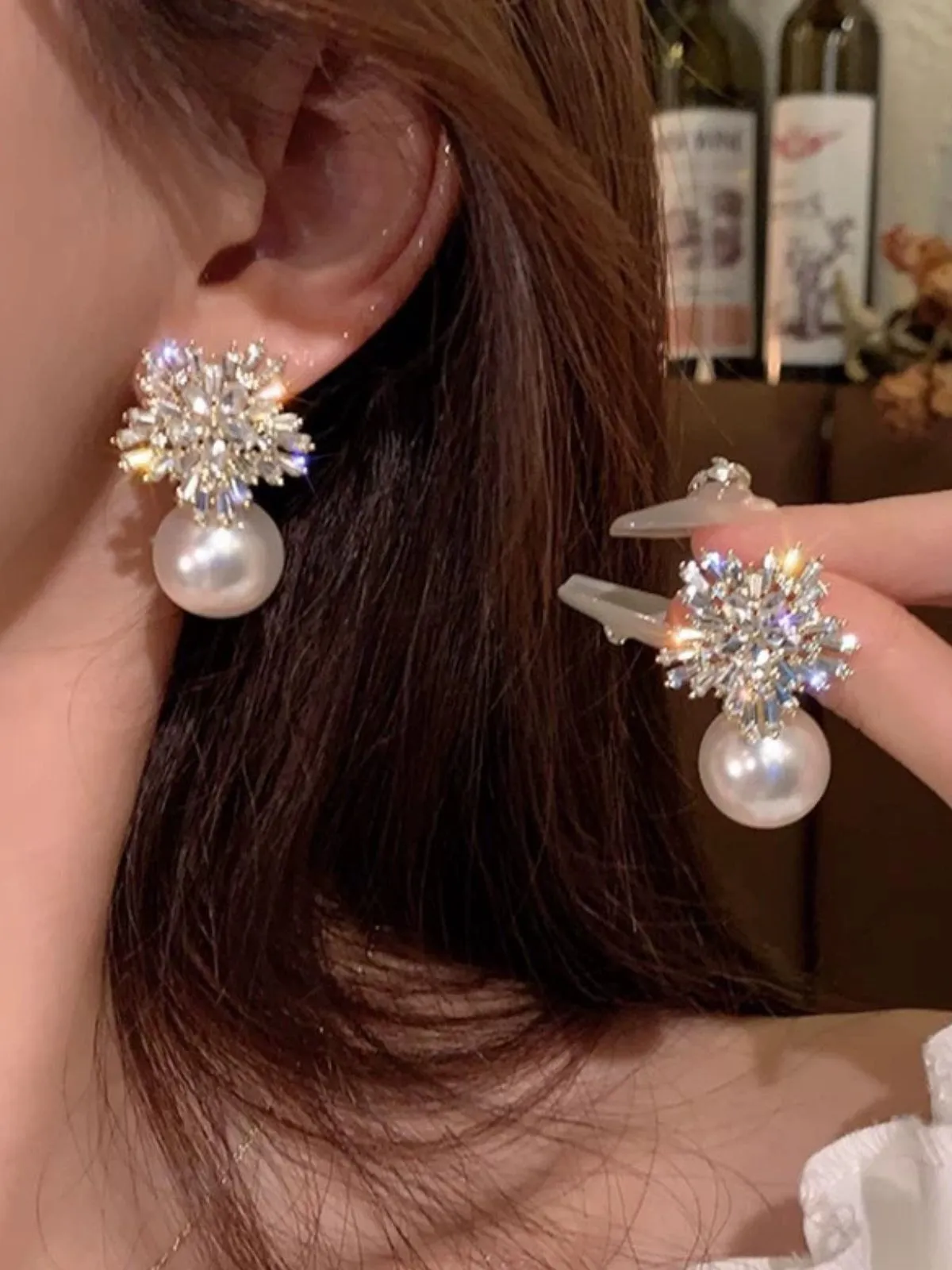 White Crystal Snowflake Pearl Drop Earrings sold by Retro Stage