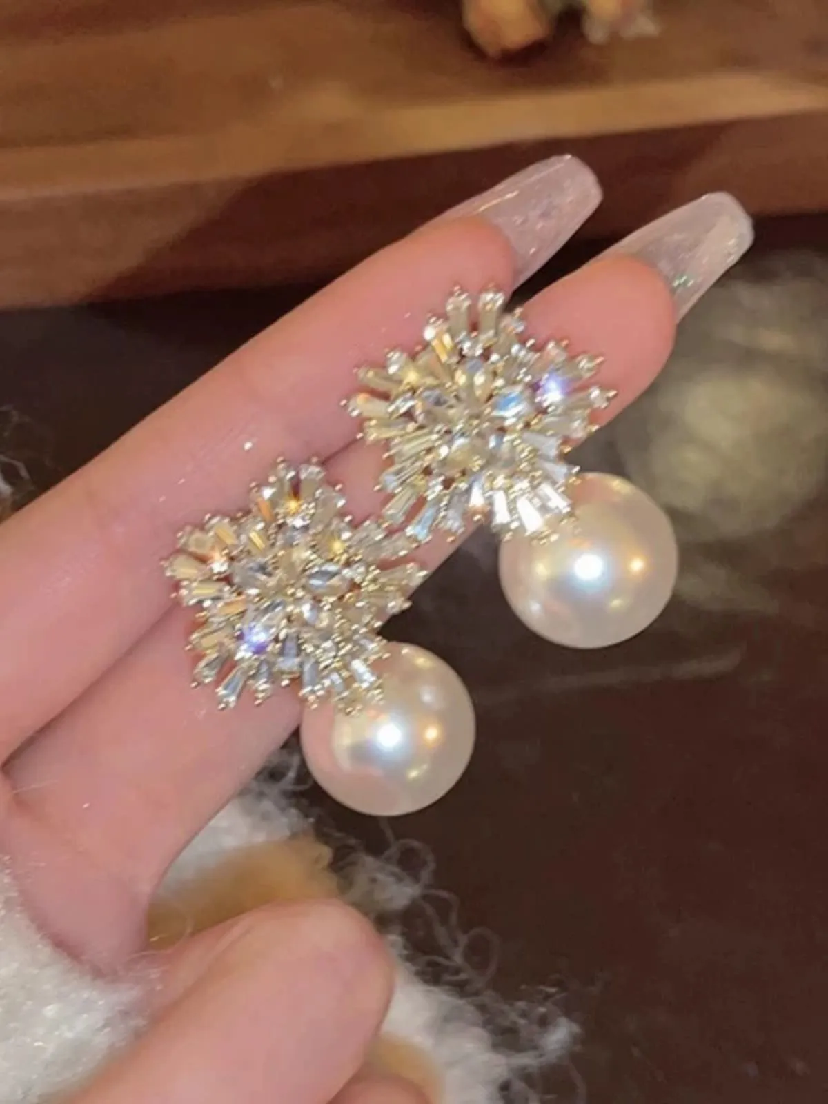 White Crystal Snowflake Pearl Drop Earrings sold by Retro Stage product image thumbnail 2