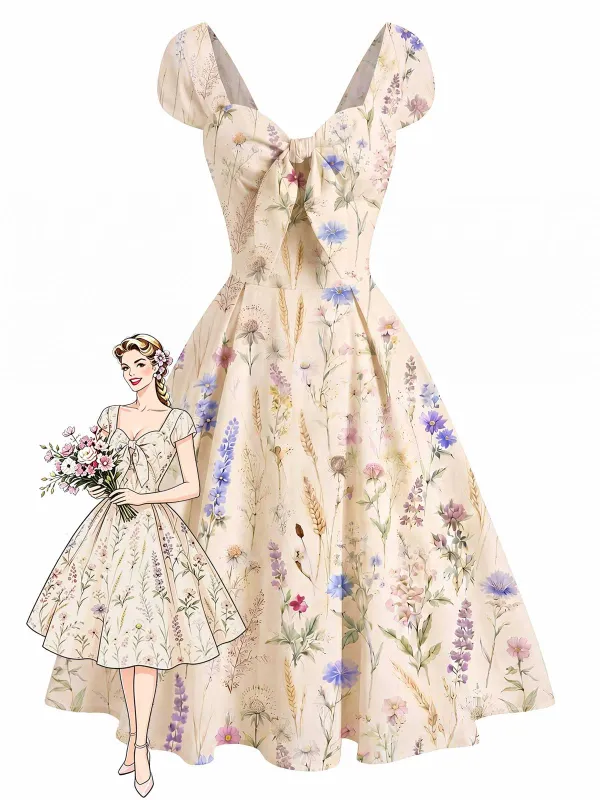 [Pre-Sale] Beige 1950s Sweetheart Neck Wildflower Bow Dress made by Retro Stage
