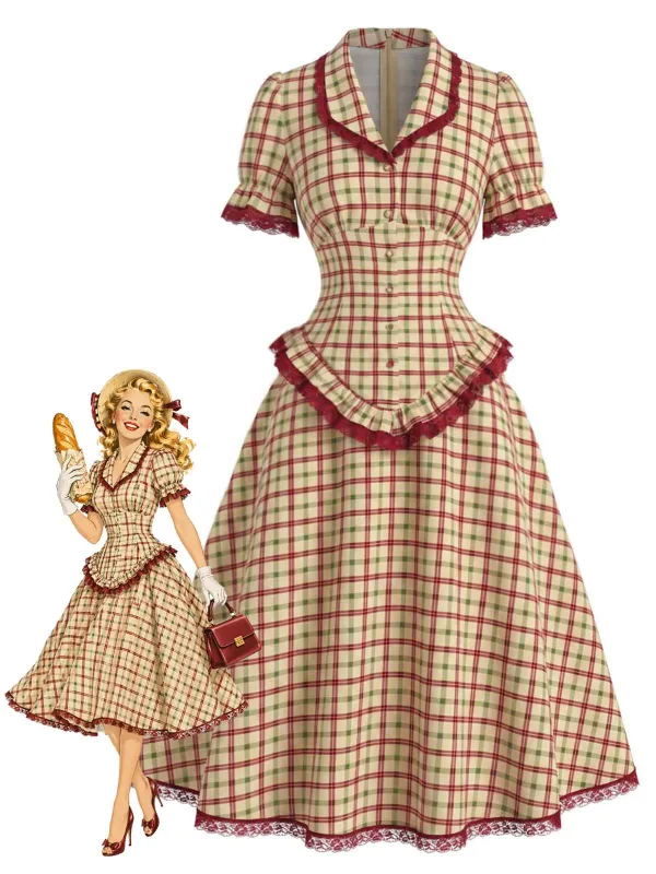[Pre-Sale] 2PCS 1940s Plaid Lace Ruffled Hem Blouse & A-Line Skirt made by Retro Stage