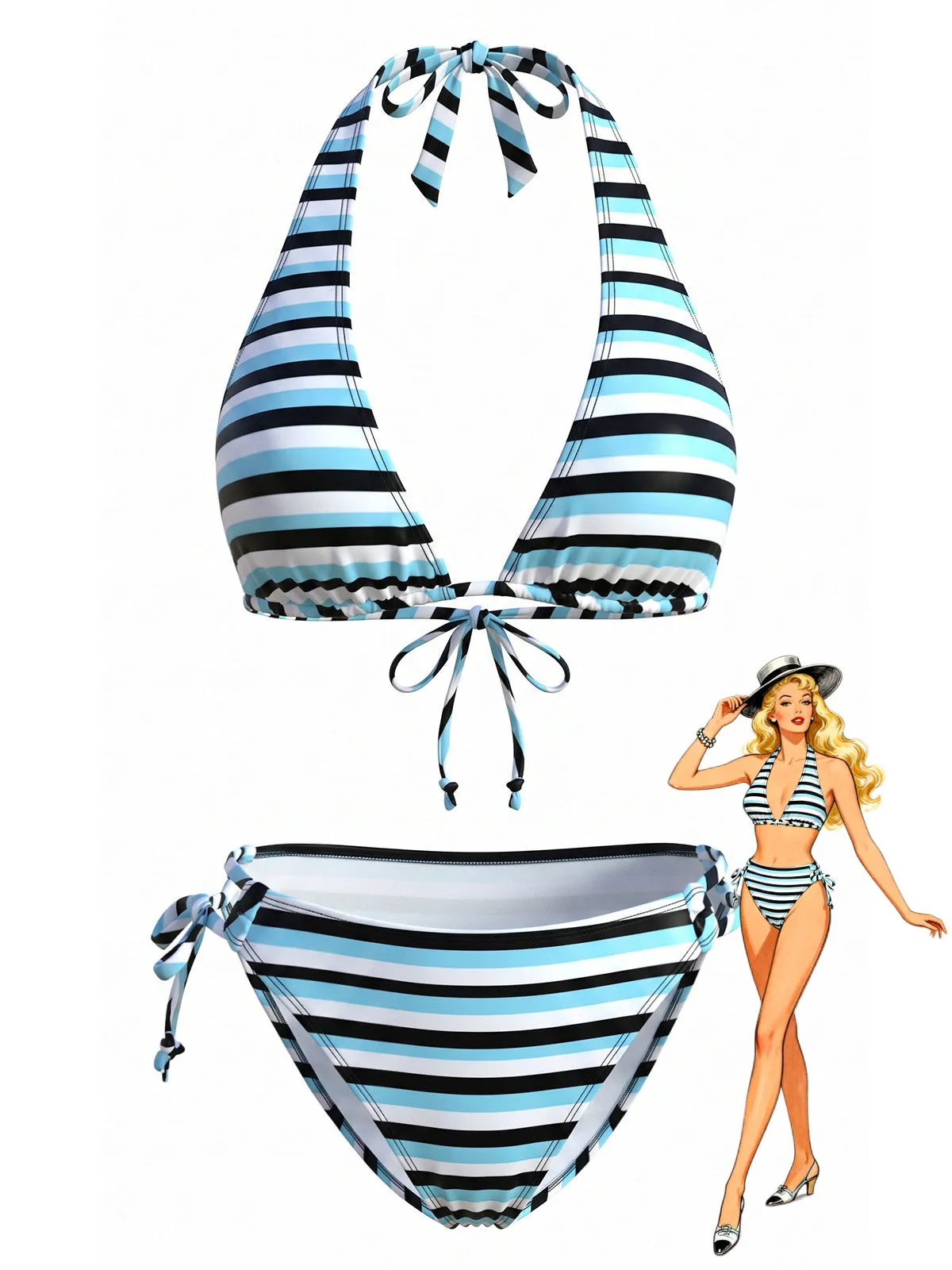 Blue 1940s Stripe Halter Tie-Up Tankini Set sold by Retro Stage