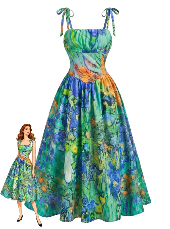 Green 1950s Iris Oil Painting Spaghetti Strap Dress made by Retro Stage