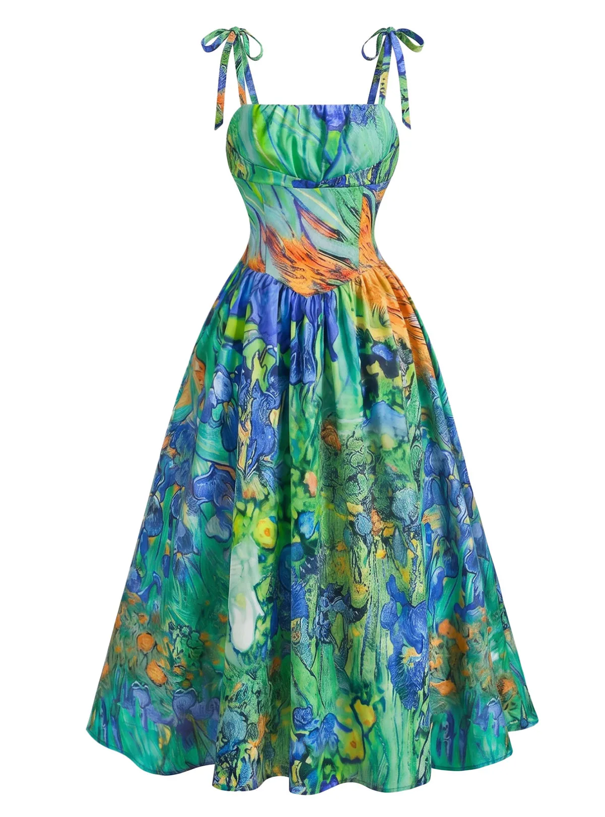 Green 1950s Iris Oil Painting Spaghetti Strap Dress sold by Retro Stage product image thumbnail 2