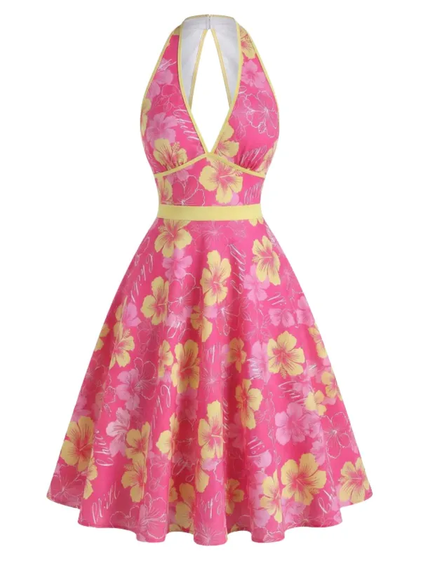 Rose Pink 1950s Floral V-Neck Dress made by Retro Stage