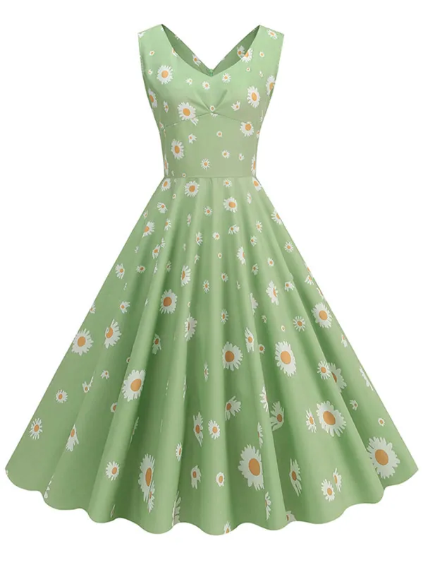 Green 1950s Daisy V-Neck Swing Dress made by Retro Stage
