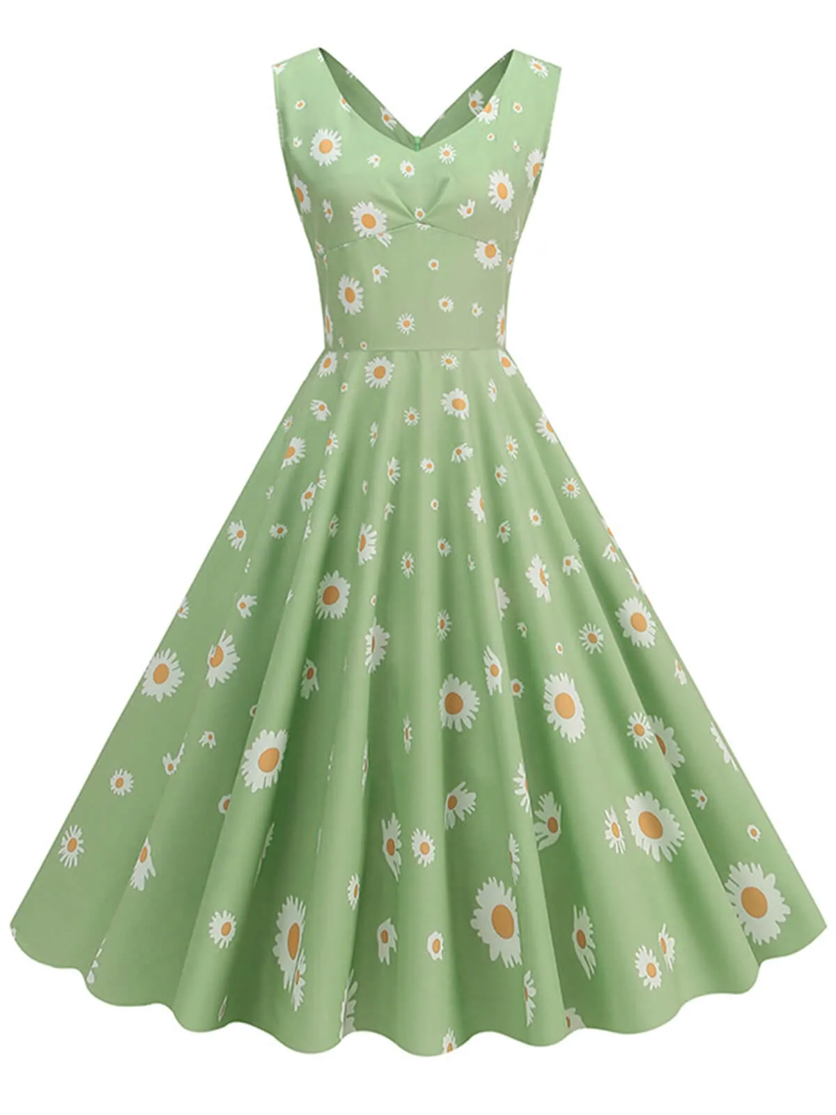 Green 1950s Daisy V-Neck Swing Dress sold by Retro Stage