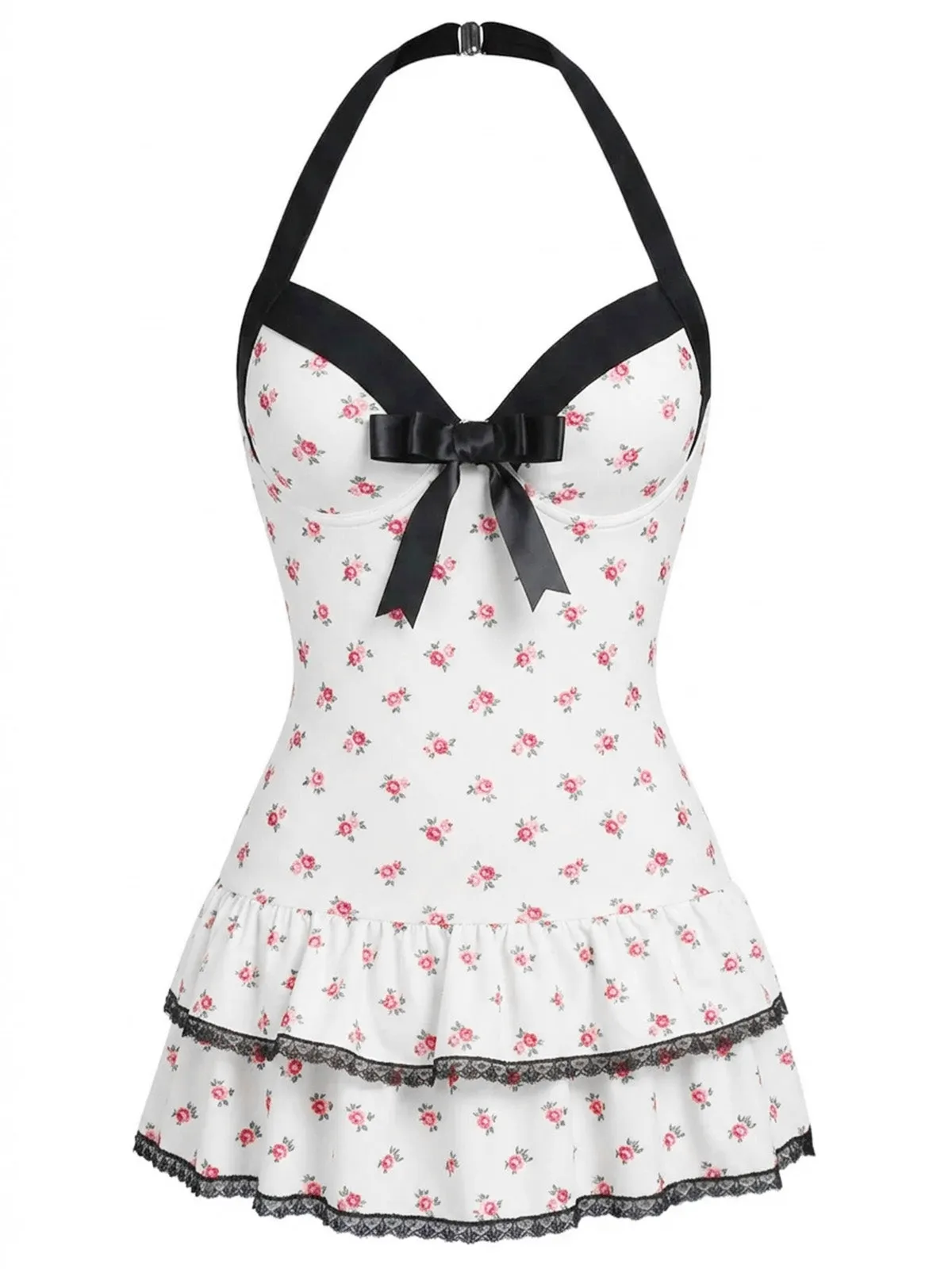 White 1940s Halter Floral Bow One-Piece Swimsuit sold by Retro Stage product image thumbnail 3