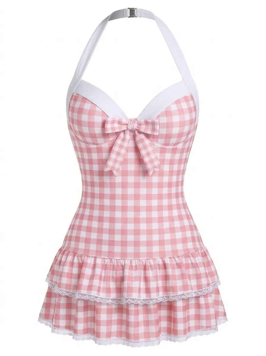 White 1940s Halter Floral Bow One-Piece Swimsuit sold by Retro Stage product image thumbnail 4