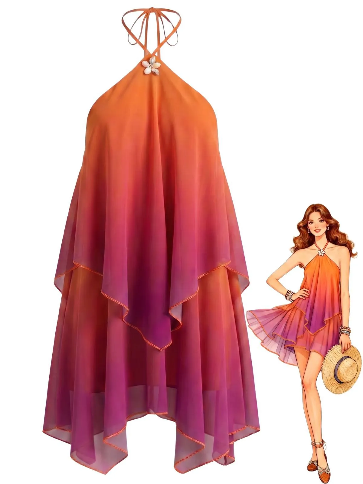 Orange 1960s Gradient Halter Layered Chiffon Mini Dress sold by Retro Stage product image thumbnail 3