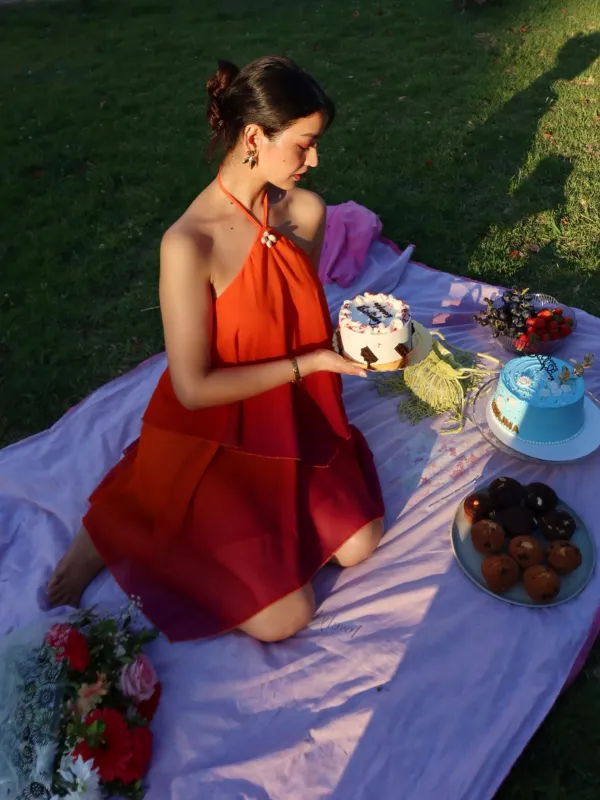 Orange 1960s Gradient Halter Layered Chiffon Mini Dress made by Retro Stage