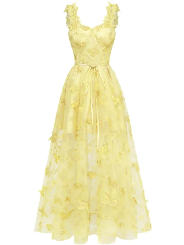 Yellow 1930s Spaghetti Strap 3D Butterflies Mesh Maxi Dress made by Retro Stage