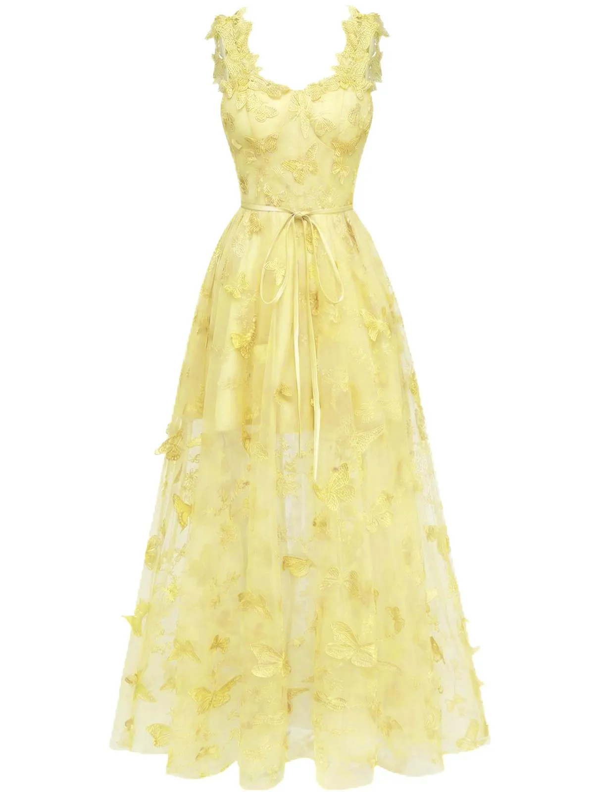 Yellow 1930s Spaghetti Strap 3D Butterflies Mesh Maxi Dress sold by Retro Stage