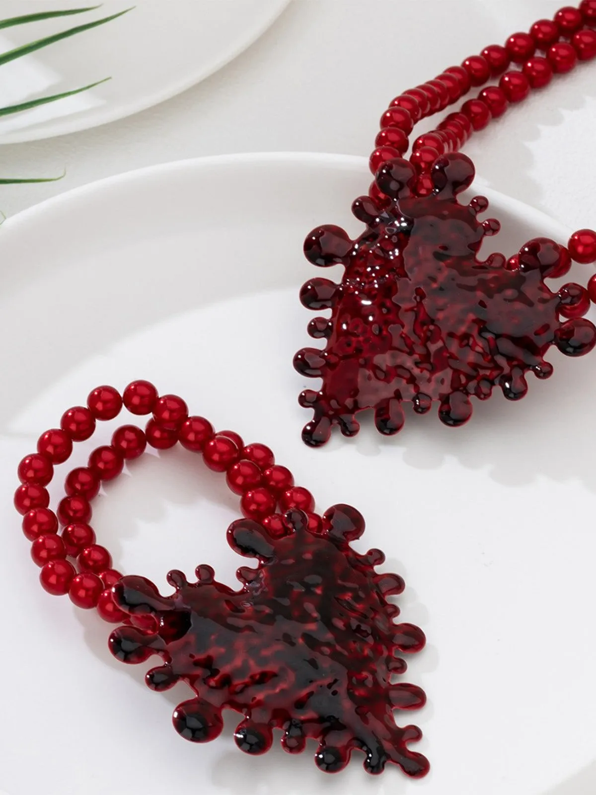 Deep Red Beaded Heart Necklace & Bracelet Set sold by Retro Stage product image thumbnail 3