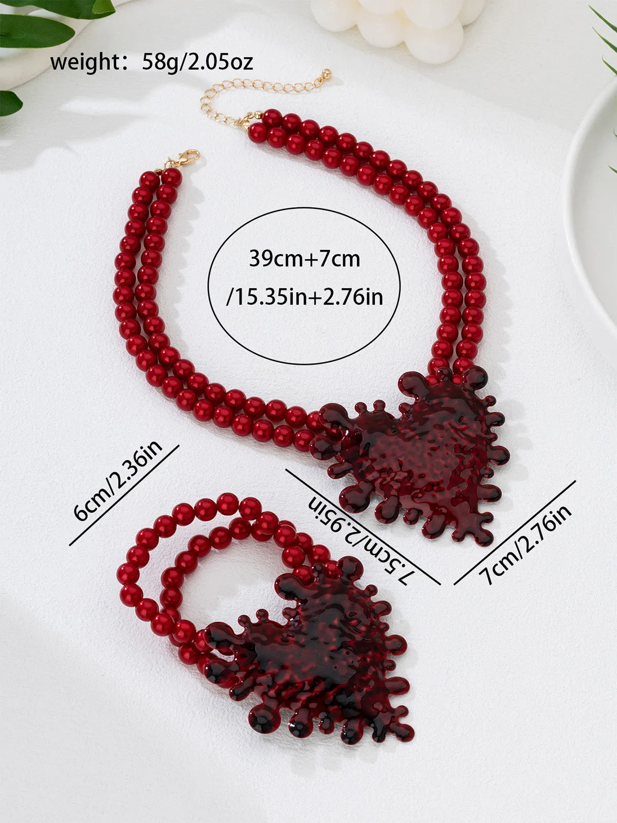 Deep Red Beaded Heart Necklace & Bracelet Set sold by Retro Stage product image thumbnail 4