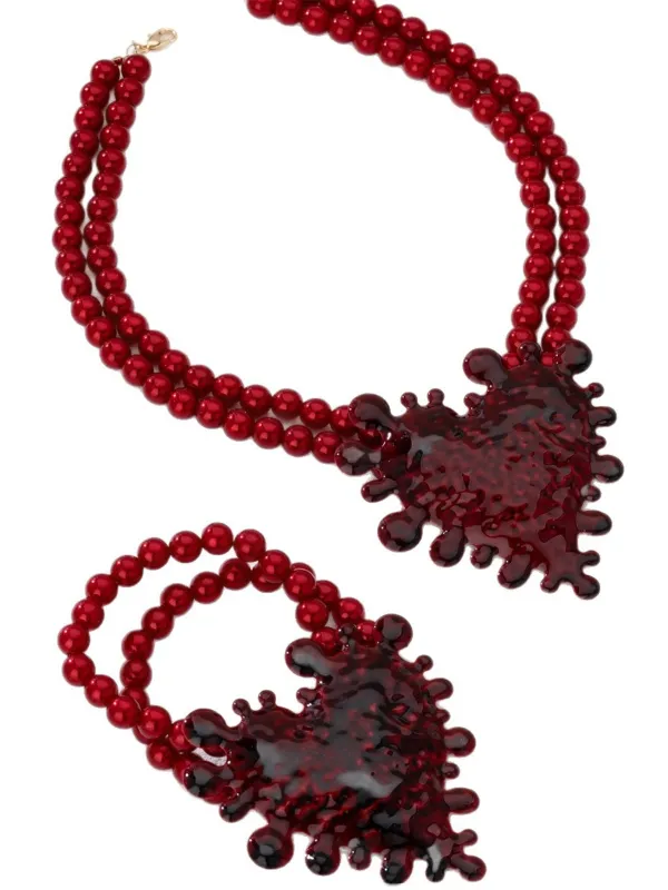 Deep Red Beaded Heart Necklace & Bracelet Set made by Retro Stage