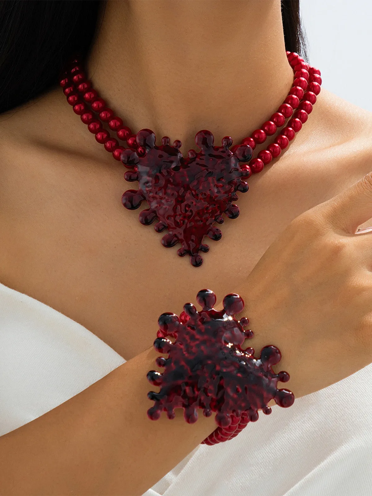 Deep Red Beaded Heart Necklace & Bracelet Set sold by Retro Stage product image thumbnail 2